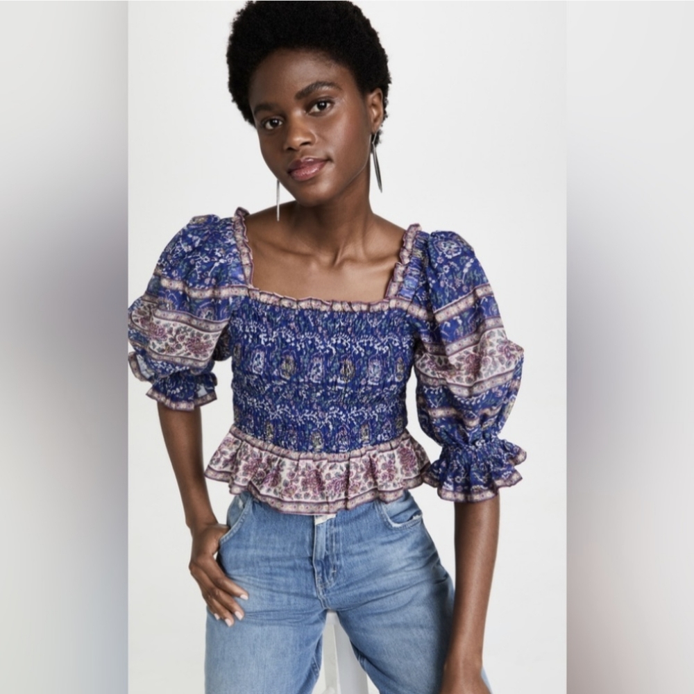 Sea New York Blue and Purple Smocked Peplum Puff-Sleeve Top